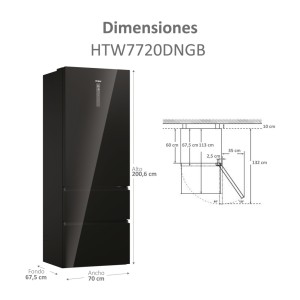 Frigorífico Combi 3 Puertas HAIER HTW7720DNGB Cristal Negro Capacidad de 483 Litros