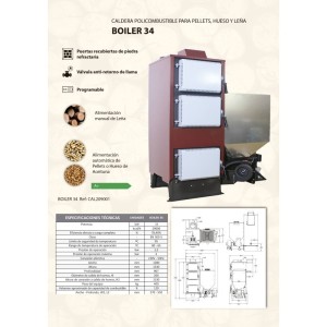 Mehrstoffkessel BOILER 34 de 34 kW für Pellets, Knochen und Brennholz mit automatischer und manueller Beschickung