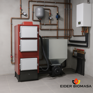 Mehrstoffkessel BOILER 34 de 34 kW für Pellets, Knochen und Brennholz mit automatischer und manueller Beschickung