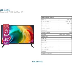 Televisor Grunkel LED24IV2 24" HD Ready con Adaptador a 12V para Camper y Caravanas